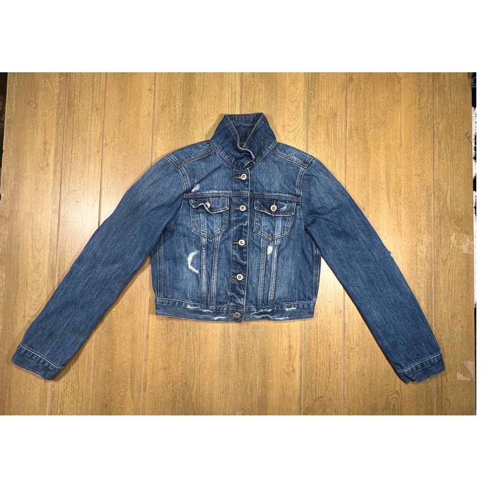 Hollister Distressed Cropped Denim Jacket Medium Wash Blue‎ Womens Large